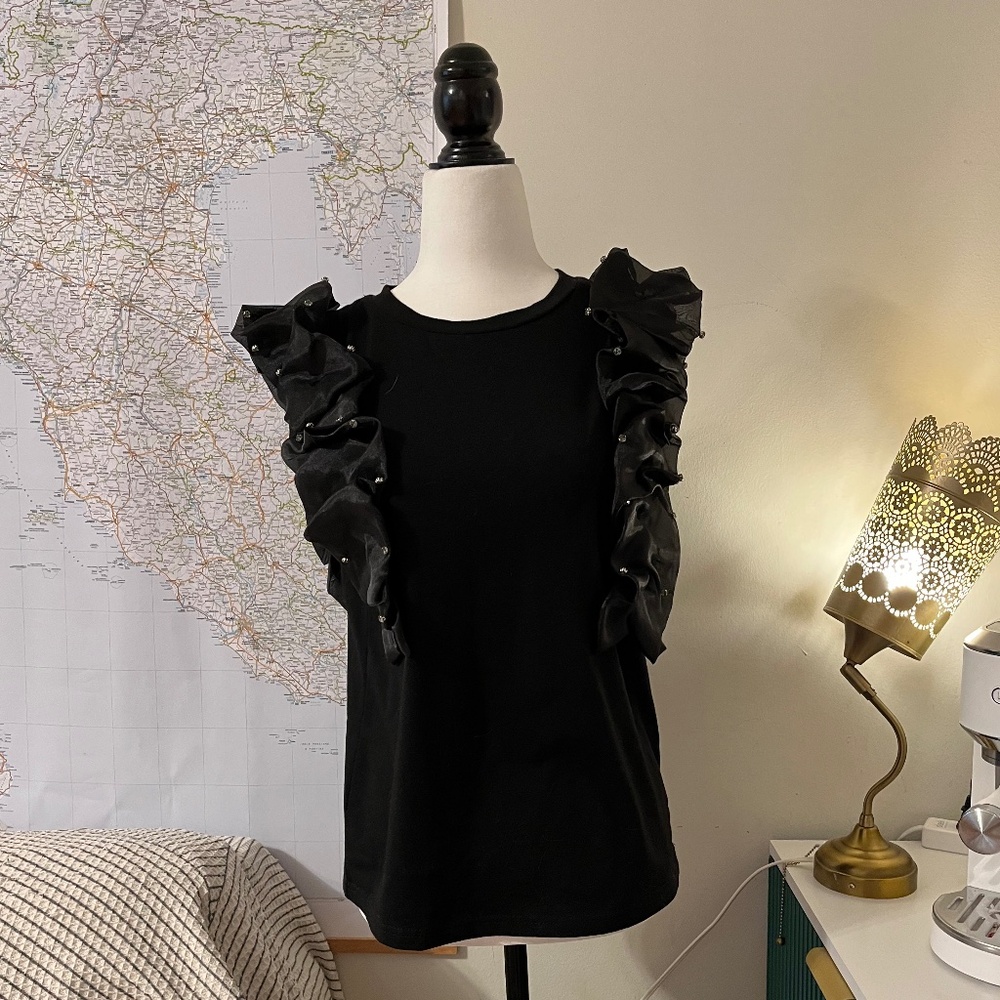 NWOT Black Ruffle Organza Rhinestone Drama Top - Size S